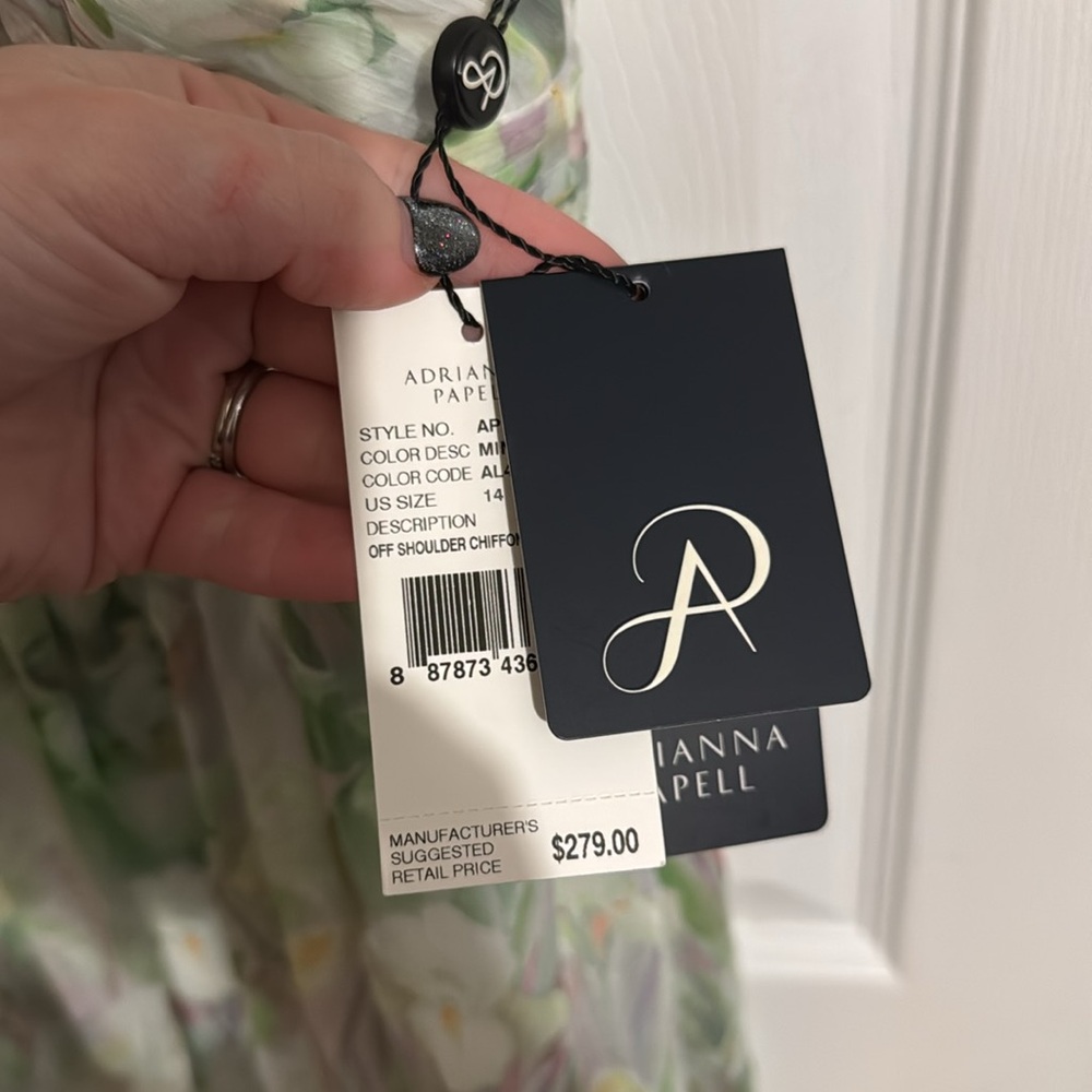 BNWT Adrianna Papell Off Shoulder Chiffon Gown Spring Mint Multi 12 and 14 - Picture 7 of 7